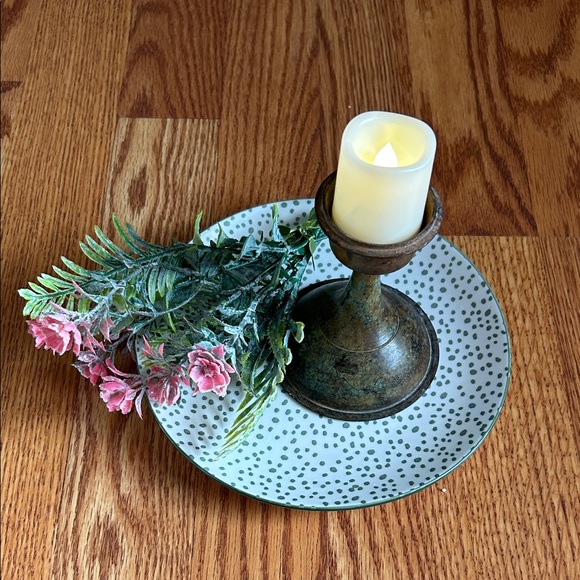 Other - Rustic Candle Holder with Plate and Faux Flowers